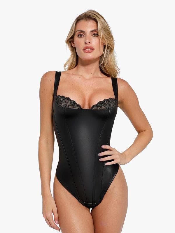 #Shapewear Faux Leather Lace Balconette Sculpting Bodysuit