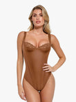 Brown faux leather lace balconette tummy control bodysuit with supportive underwire and adjustable straps.