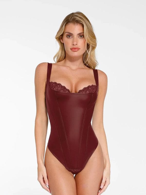 Popilush® Sexy Tops Body Shaper Jujube Red / XS Shapewear Faux Leather Lace Balconette Sculpting Bodysuit