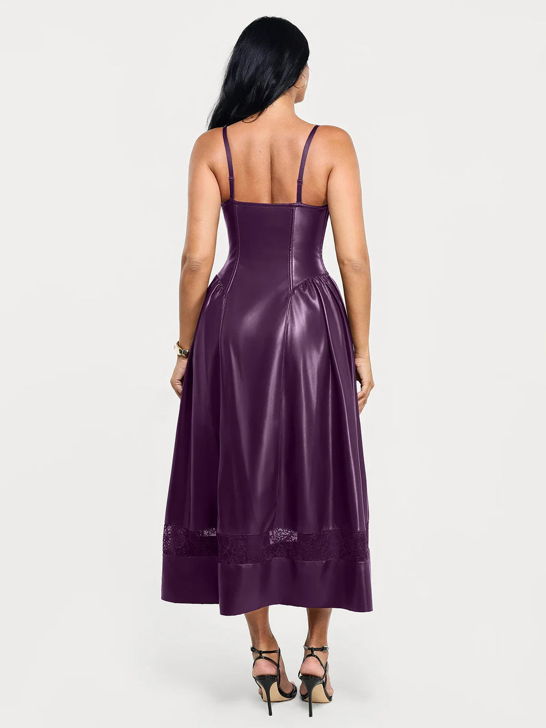 Popilush® Shapewear Faux Leather Lace Panel Corset A-Line Midi Dress