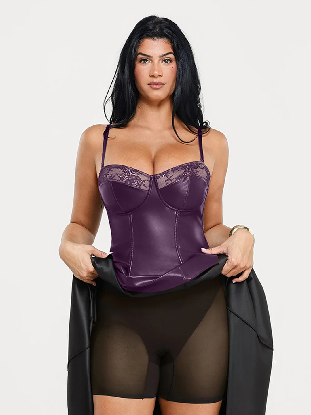Popilush® Shapewear Faux Leather Lace Panel Corset A-Line Midi Dress