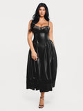 Popilush® Shapewear Faux Leather Lace Panel Corset A-Line Midi Dress
