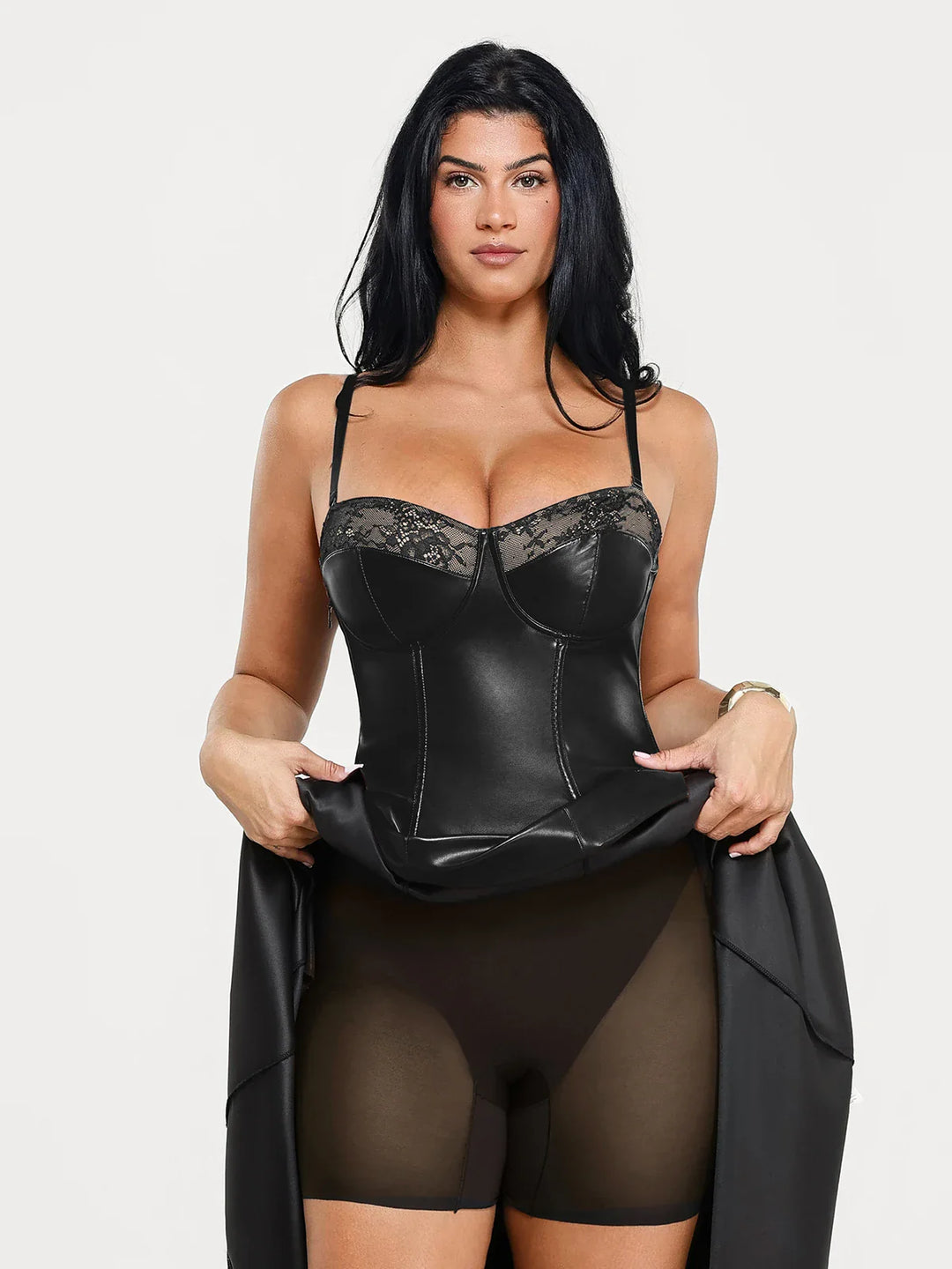 Popilush® Shapewear Faux Leather Lace Panel Corset A-Line Midi Dress