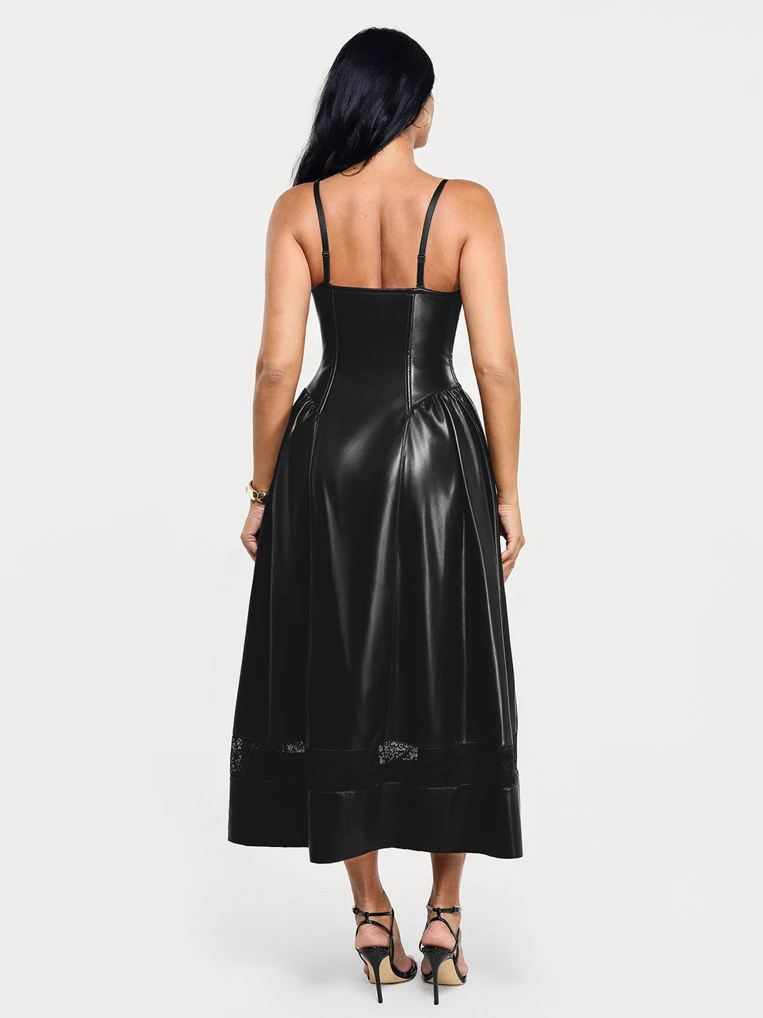 Popilush® Shapewear Faux Leather Lace Panel Corset A-Line Midi Dress