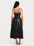 Popilush® Shapewear Faux Leather Lace Panel Corset A-Line Midi Dress