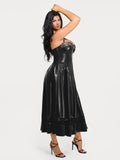 Popilush® Shapewear Faux Leather Lace Panel Corset A-Line Midi Dress