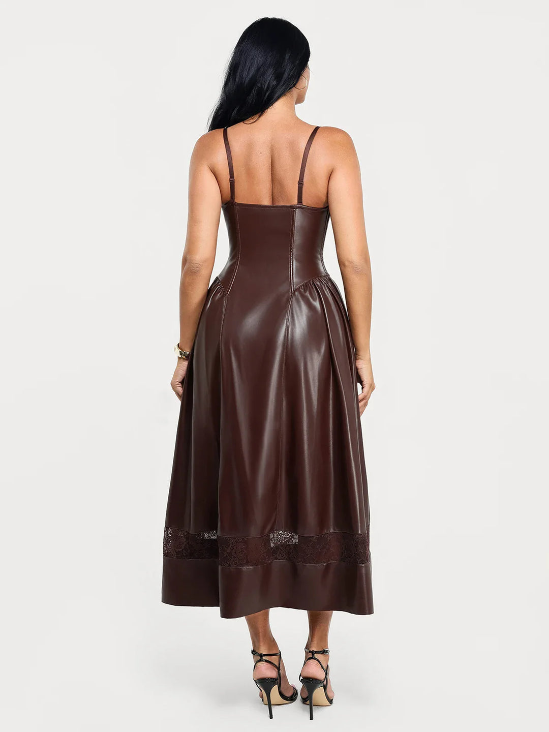 Popilush® Shapewear Faux Leather Lace Panel Corset A-Line Midi Dress