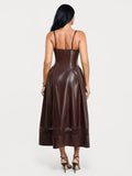 Popilush® Shapewear Faux Leather Lace Panel Corset A-Line Midi Dress