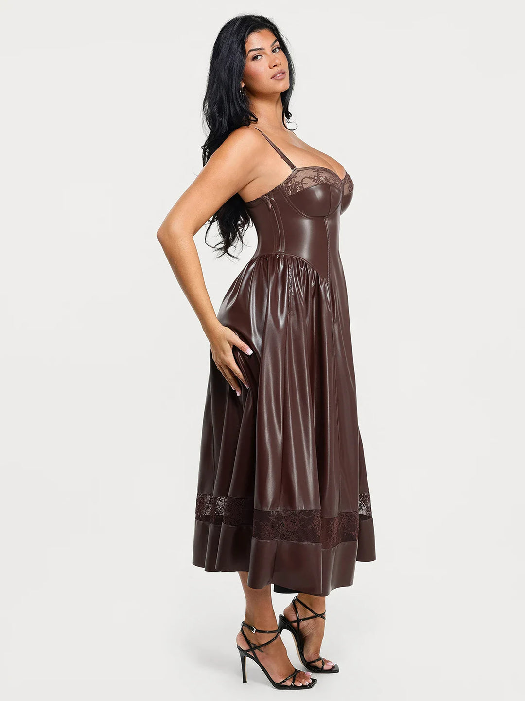 Popilush® Shapewear Faux Leather Lace Panel Corset A-Line Midi Dress