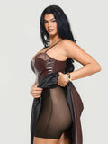 Popilush® Shapewear Faux Leather Lace Panel Corset A-Line Midi Dress
