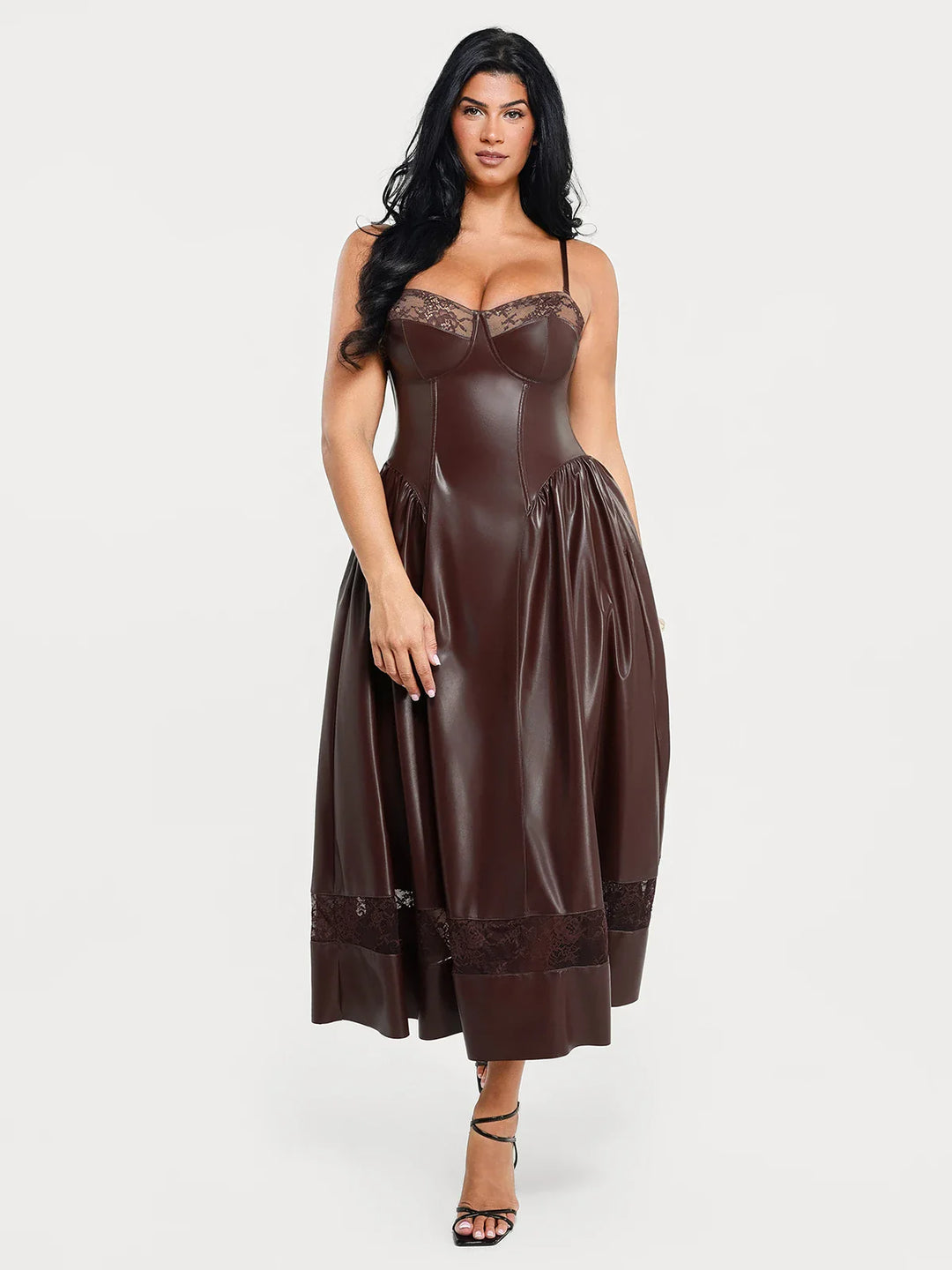 Popilush® Shapewear Faux Leather Lace Panel Corset A-Line Midi Dress