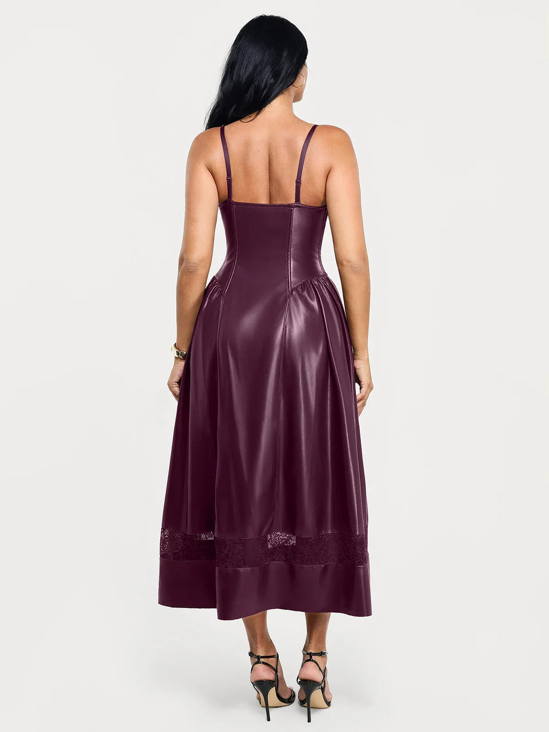 Popilush® Shapewear Faux Leather Lace Panel Corset A-Line Midi Dress