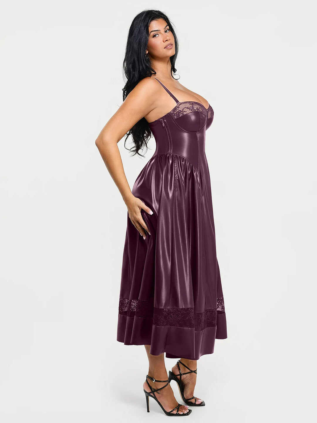 Popilush® Shapewear Faux Leather Lace Panel Corset A-Line Midi Dress