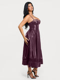 Popilush® Shapewear Faux Leather Lace Panel Corset A-Line Midi Dress
