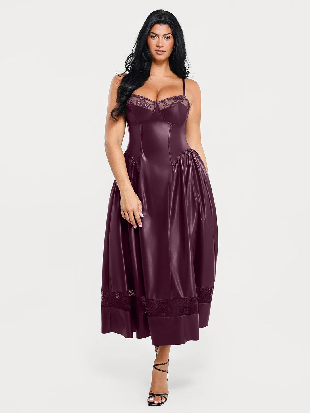 Popilush® Shapewear Faux Leather Lace Panel Corset A-Line Midi Dress