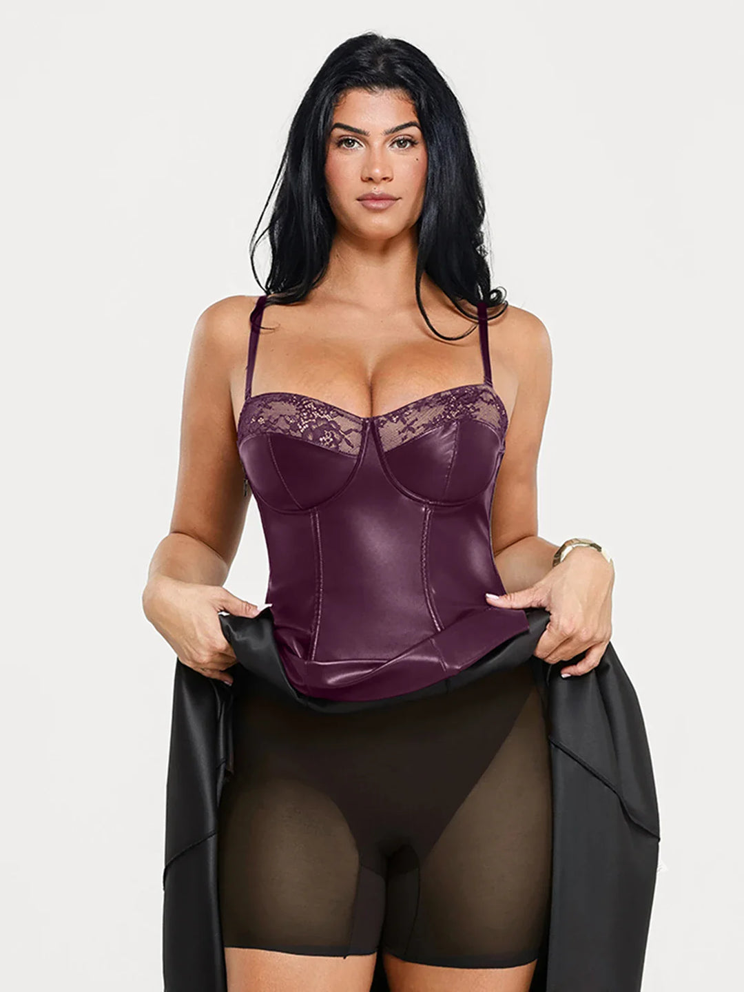 Popilush® Shapewear Faux Leather Lace Panel Corset A-Line Midi Dress