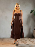Popilush® Shapewear Faux Leather Lace Panel Corset A-Line Midi Dress