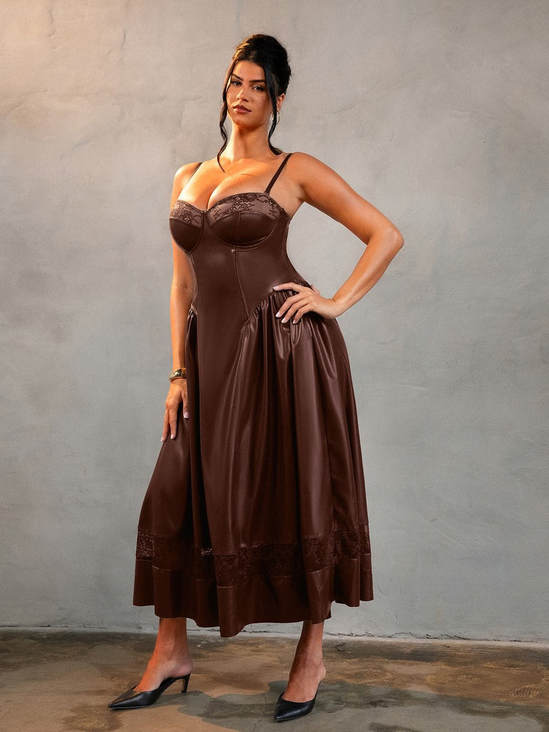 Popilush® Shapewear Faux Leather Lace Panel Corset A-Line Midi Dress
