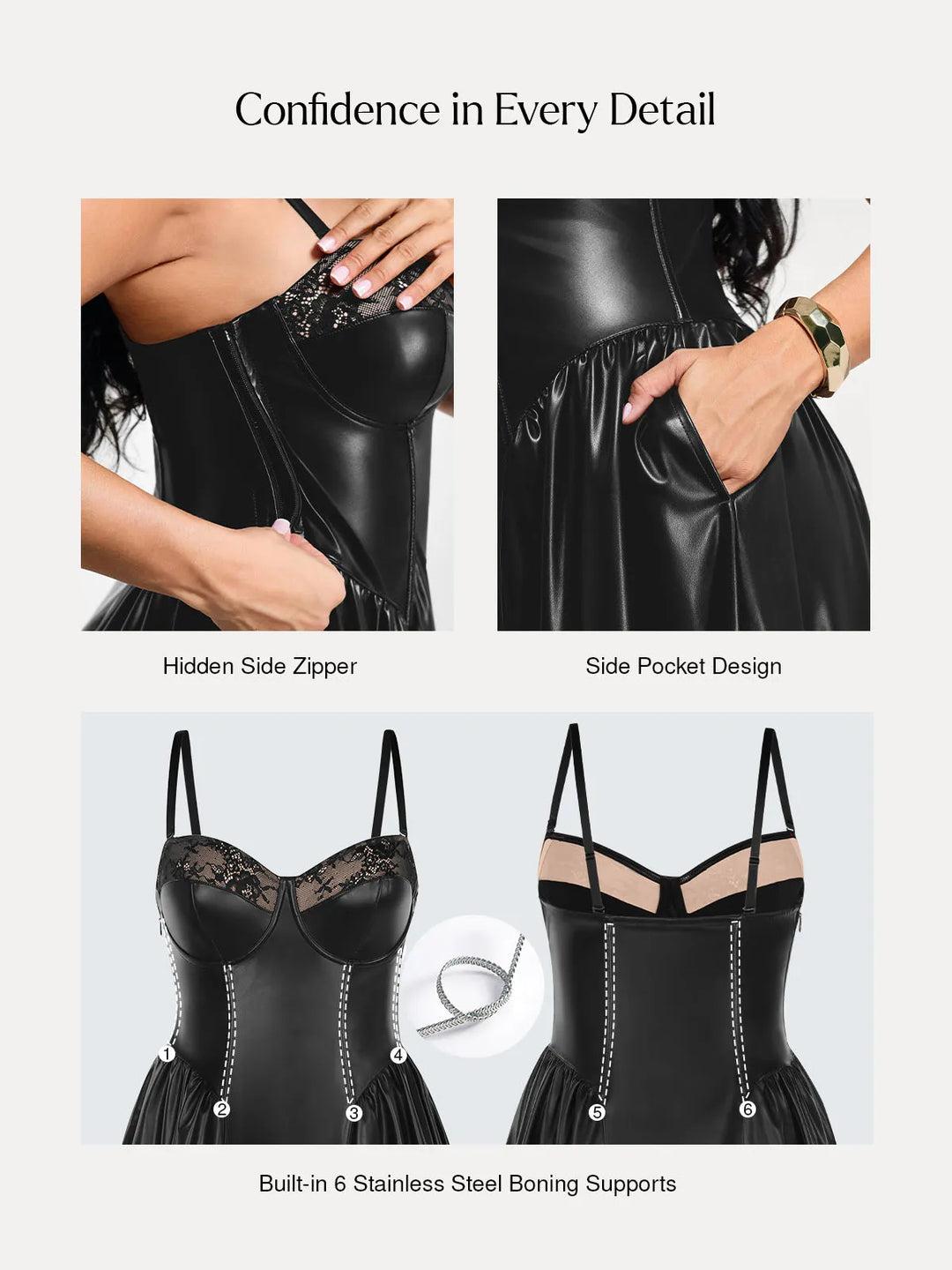 Popilush® Shapewear Faux Leather Lace Panel Corset A-Line Midi Dress