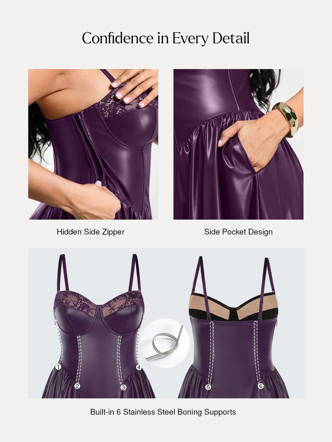 Popilush® Shapewear Faux Leather Lace Panel Corset A-Line Midi Dress