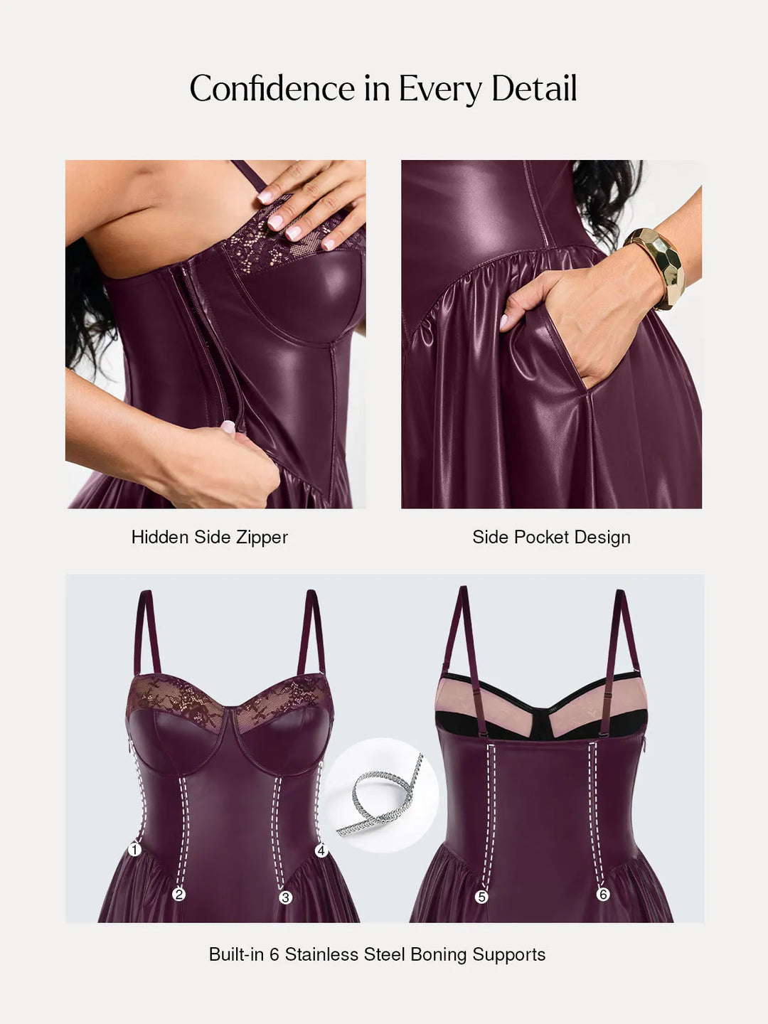 Popilush® Shapewear Faux Leather Lace Panel Corset A-Line Midi Dress