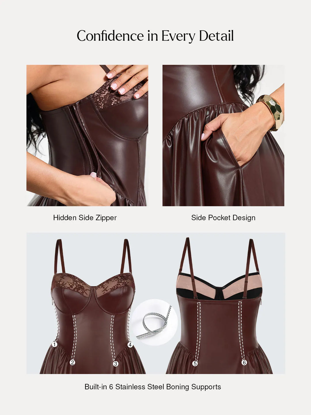 Popilush® Shapewear Faux Leather Lace Panel Corset A-Line Midi Dress