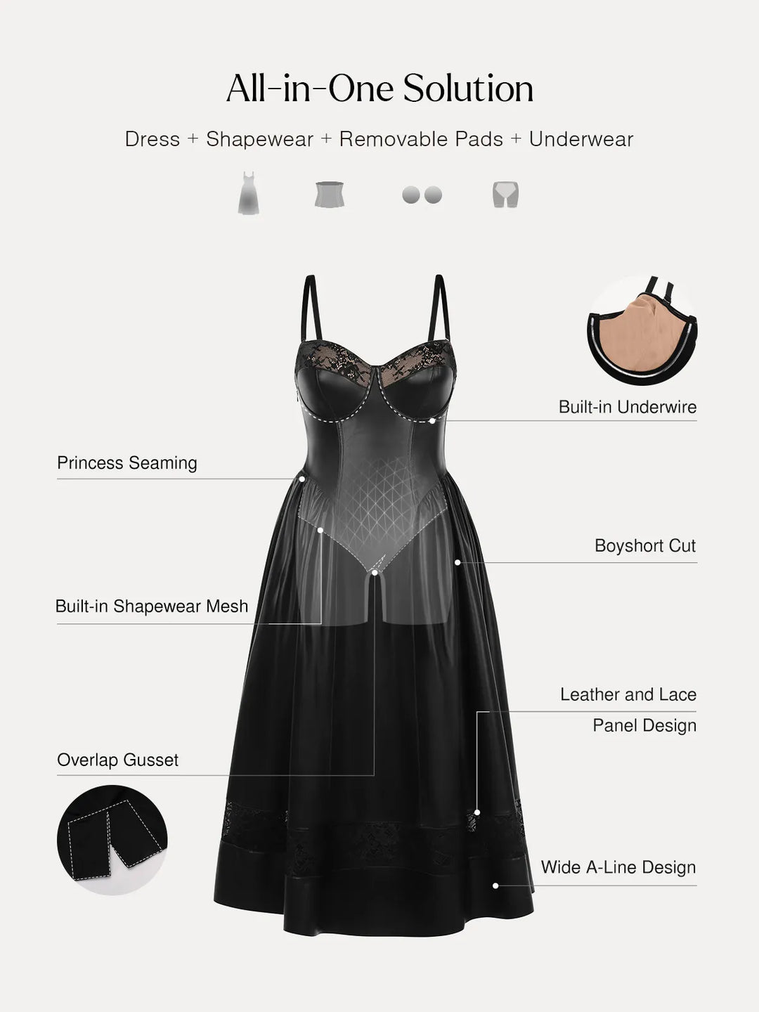 Popilush® Shapewear Faux Leather Lace Panel Corset A-Line Midi Dress