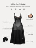 Popilush® Shapewear Faux Leather Lace Panel Corset A-Line Midi Dress
