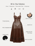 Popilush® Shapewear Faux Leather Lace Panel Corset A-Line Midi Dress