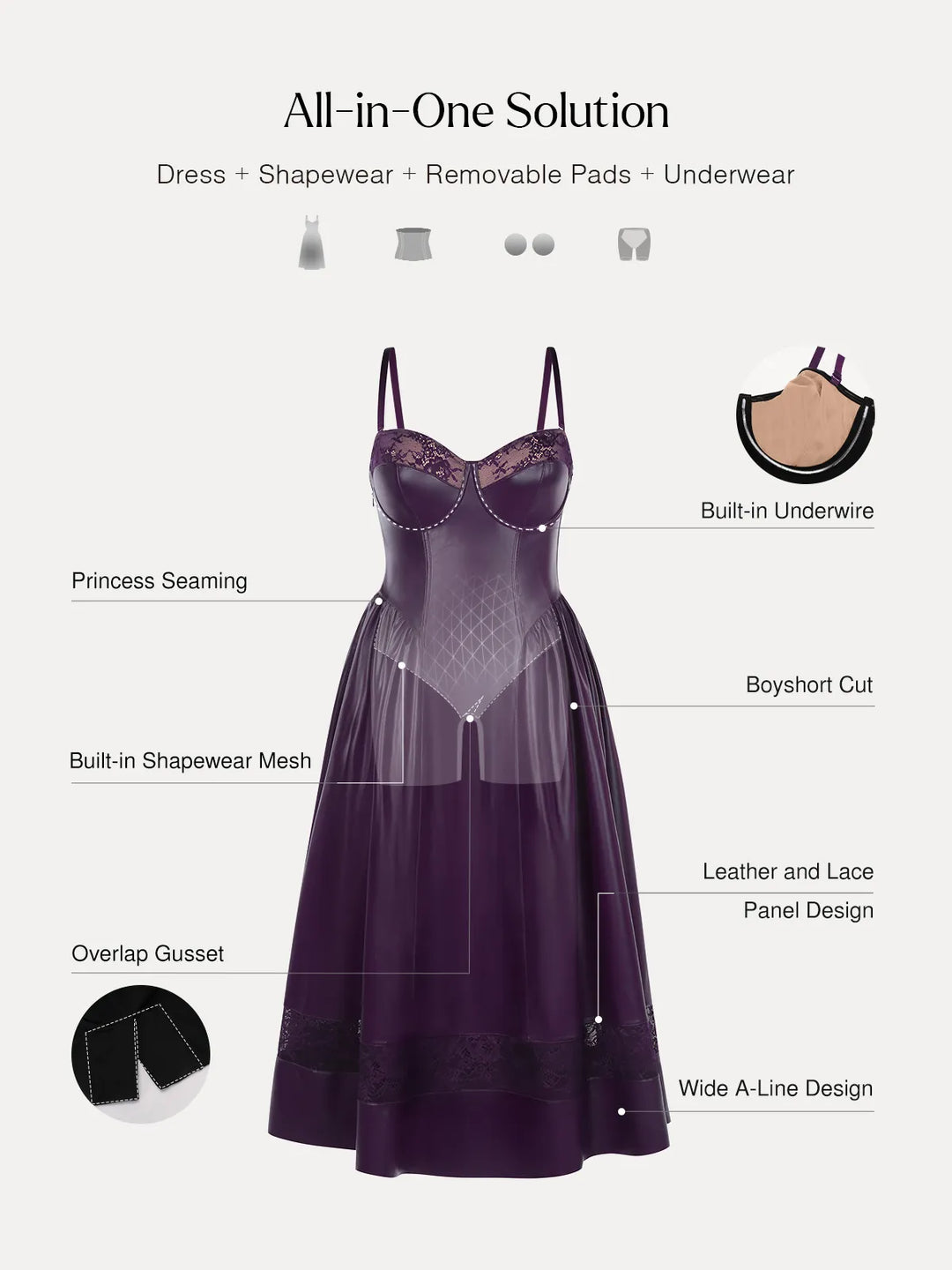 Popilush® Shapewear Faux Leather Lace Panel Corset A-Line Midi Dress