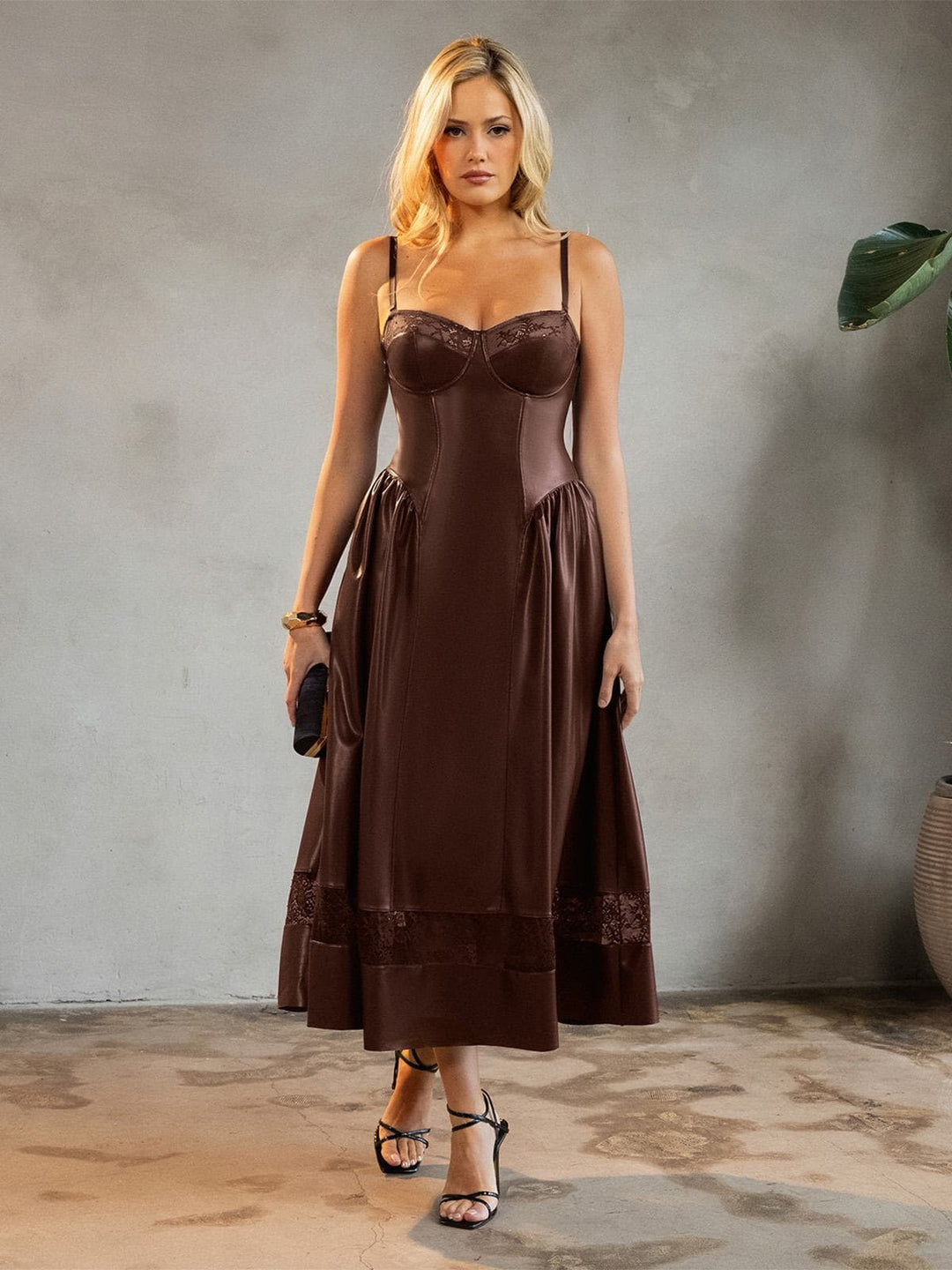 Popilush® Shapewear Faux Leather Lace Panel Corset A-Line Midi Dress