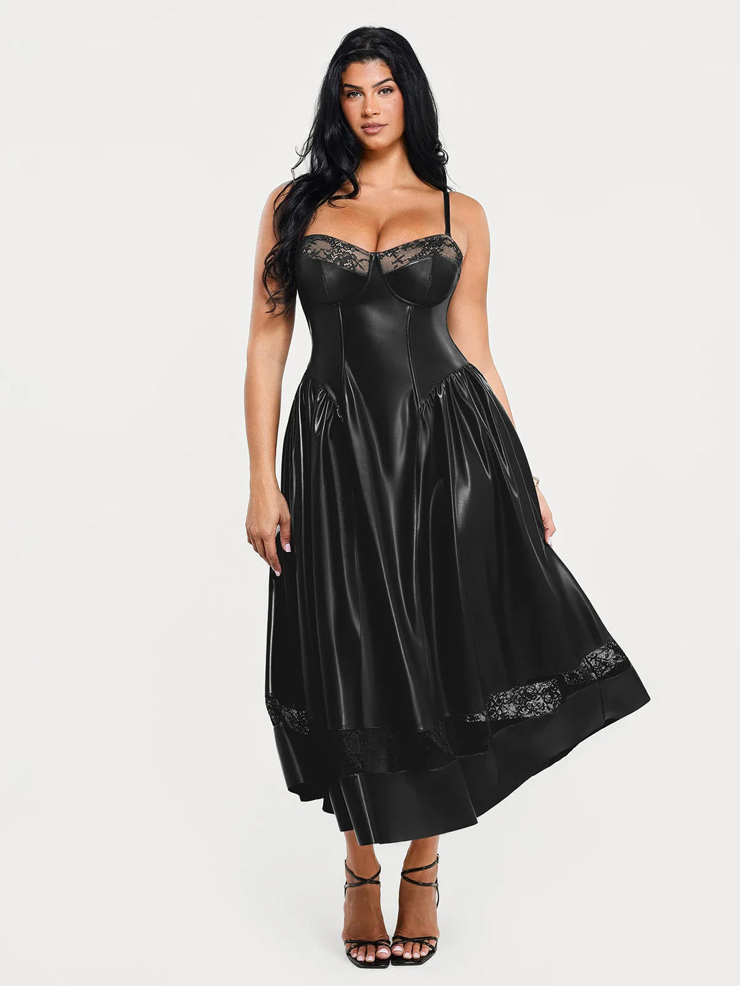 Popilush® Black / XS Shapewear Faux Leather Lace Panel Corset A-Line Midi Dress