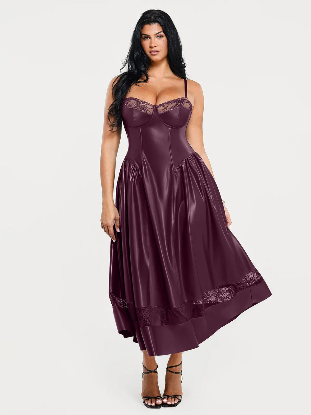 Popilush® Brick Red / XS Shapewear Faux Leather Lace Panel Corset A-Line Midi Dress