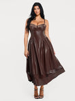 Popilush® Brown / XS Shapewear Faux Leather Lace Panel Corset A-Line Midi Dress