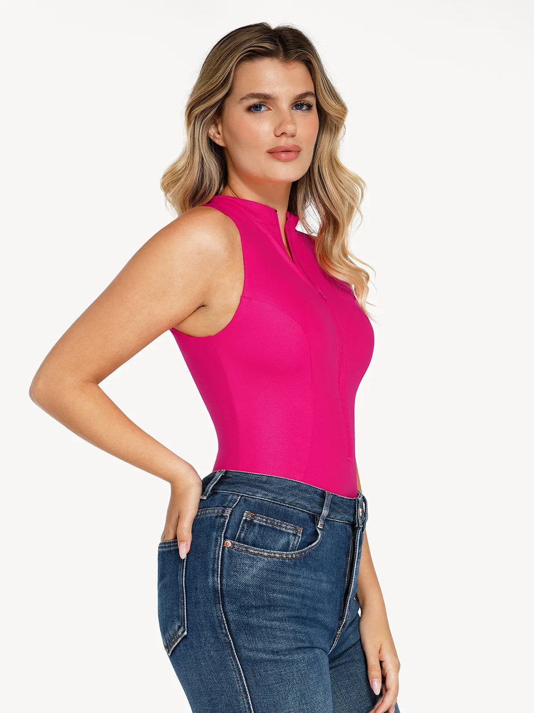 Popilush® Leather Sleeveless Body Shaper Shapewear Faux Leather Mock Neck Zip Front Sculpting Bodysuit