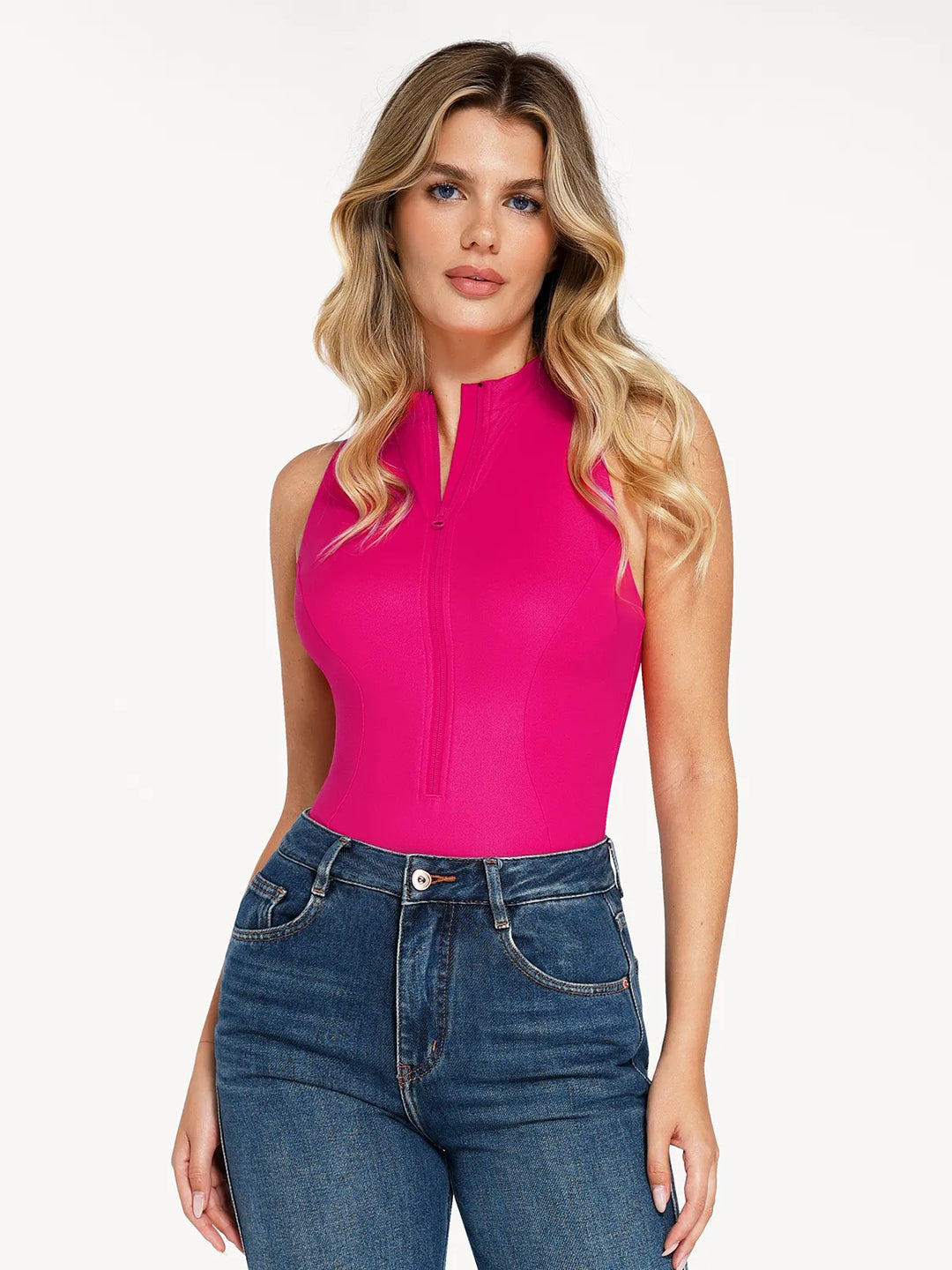 Popilush® Leather Sleeveless Body Shaper Shapewear Faux Leather Mock Neck Zip Front Sculpting Bodysuit