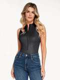 Popilush® Leather Sleeveless Body Shaper Shapewear Faux Leather Mock Neck Zip Front Sculpting Bodysuit