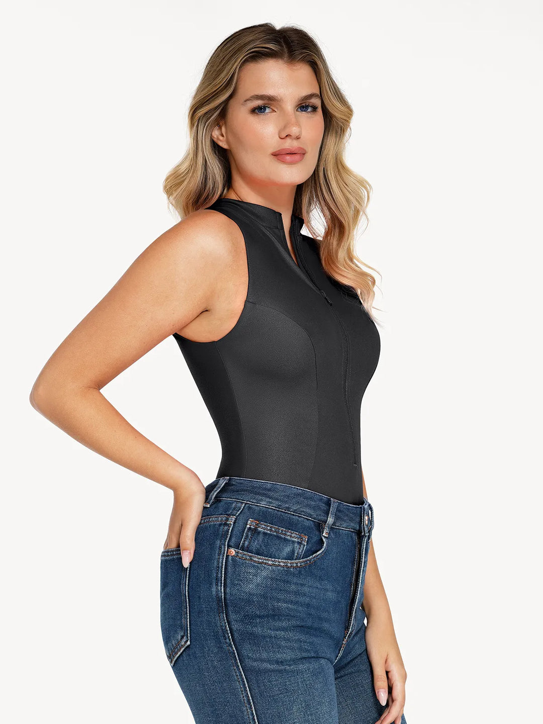Popilush® Leather Sleeveless Body Shaper Shapewear Faux Leather Mock Neck Zip Front Sculpting Bodysuit