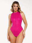 Vibrant pink faux leather sculpting bodysuit with zip front mock neck.