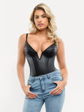 Popilush® Tops Body Shaper Tank Shapewear Faux Leather Plunging V Sculpting Corset Bodysuit