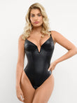 Black faux leather sculpting corset bodysuit with plunging V-neck and adjustable straps.
