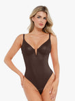Popilush® Model in Brown Faux Leather Deep V Bodysuit
