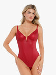 Red faux leather sculpting corset bodysuit, plunge V-neck, supportive underwire, thong back.