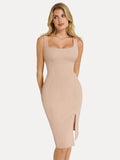 Popilush® Leather Party Bodycon Cocktail Evening Gown Shapewear Faux Nubuck Bodycon Sculpting Slit Midi Dress