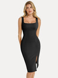 Popilush® Leather Party Bodycon Cocktail Evening Gown Shapewear Faux Nubuck Bodycon Sculpting Slit Midi Dress