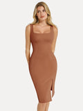 Popilush® Leather Party Bodycon Cocktail Evening Gown Shapewear Faux Nubuck Bodycon Sculpting Slit Midi Dress