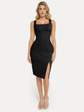 Popilush® Leather Party Bodycon Cocktail Evening Gown Black / XS Shapewear Faux Nubuck Bodycon Sculpting Slit Midi Dress