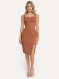 Popilush® Leather Party Bodycon Cocktail Evening Gown Brown / XS Shapewear Faux Nubuck Bodycon Sculpting Slit Midi Dress