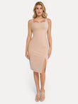 Shapewear Faux Nubuck bodycon midi dress with slit, nude color