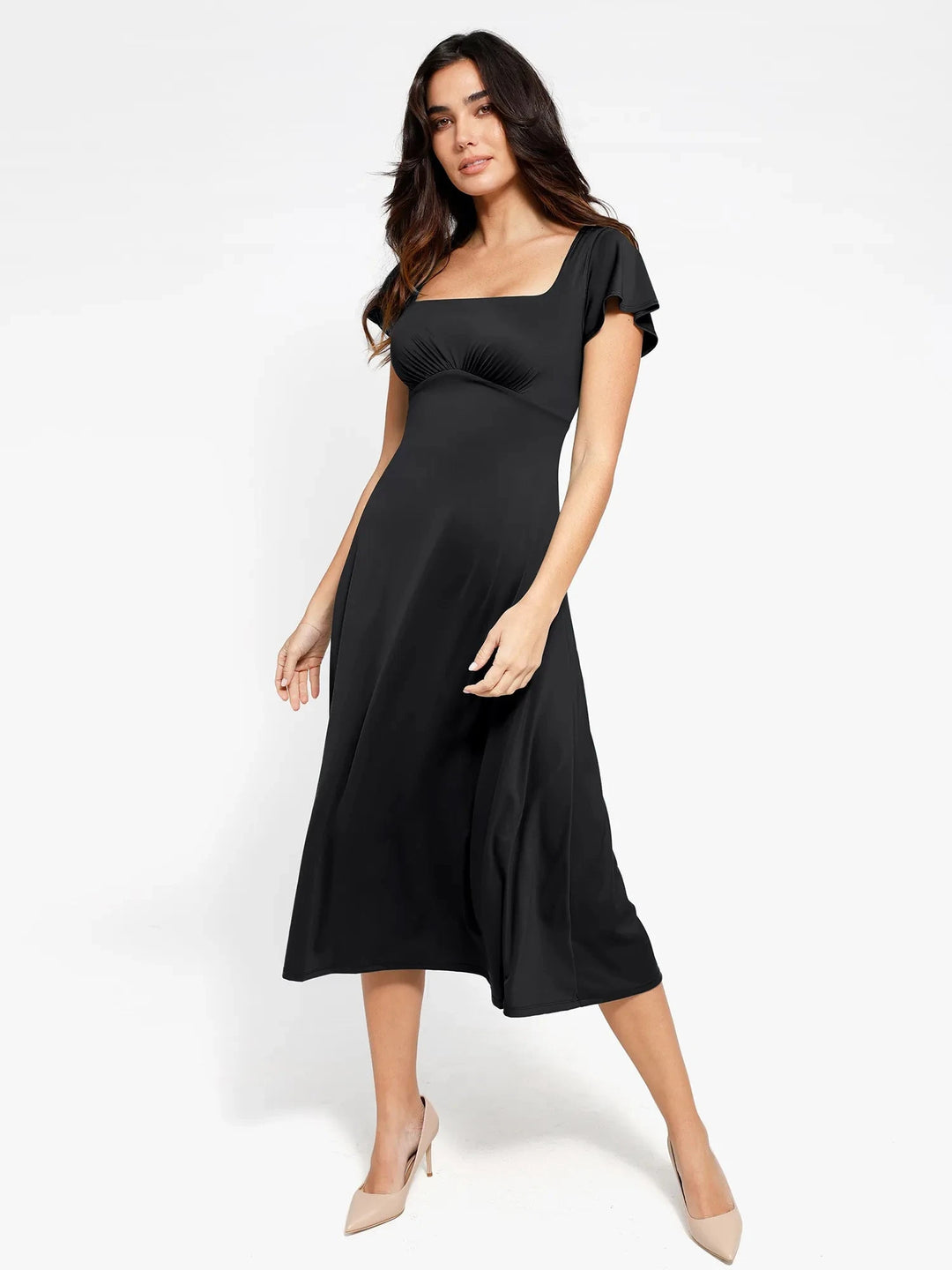 Popilush® Casual Daily Dress Shapewear Flutter Sleeve Sculpting A-Line Midi Dress